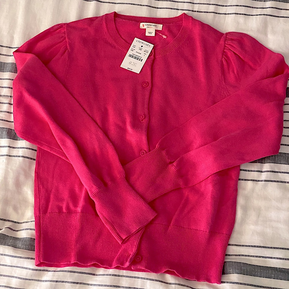 Girls' puff-sleeve cotton cardigan sweater. CrewCuts. J. Crew. Size L